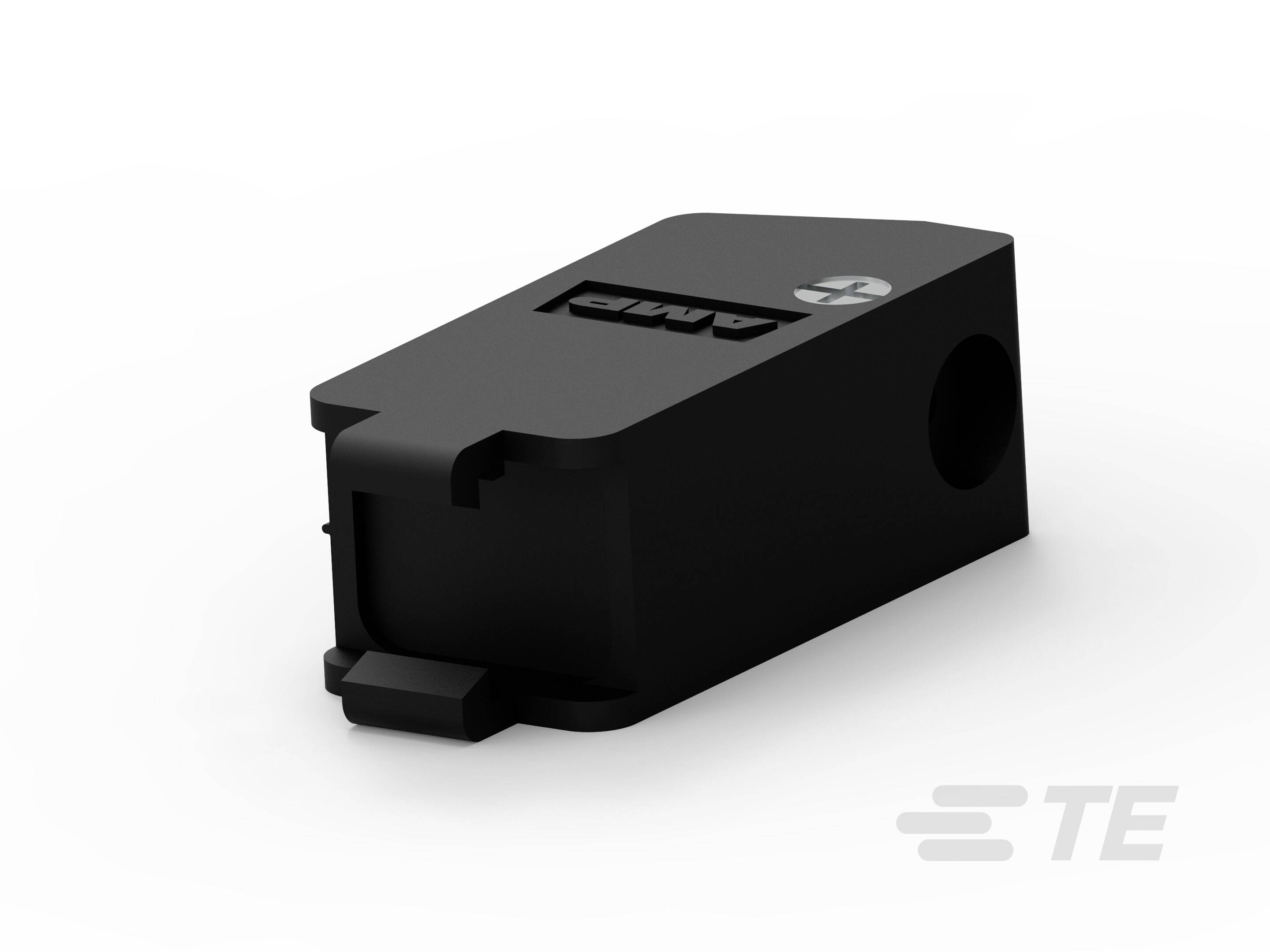 Schwarzes Kunststoffteil mit rechteckiger Basis und abgerundeter Oberseite, seitliches Loch, Aufschrift 'AMP'.