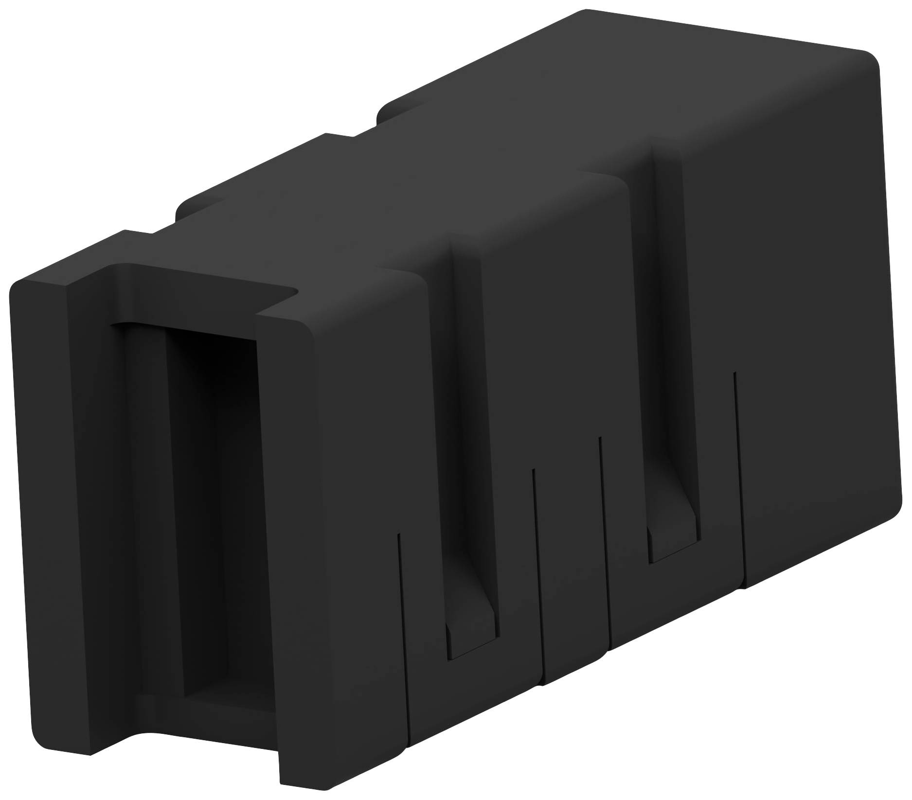 Schwarzes Kunststoffbauteil mit rechteckiger Grundform und mehreren parallel verlaufenden Vertiefungen an den Seiten.