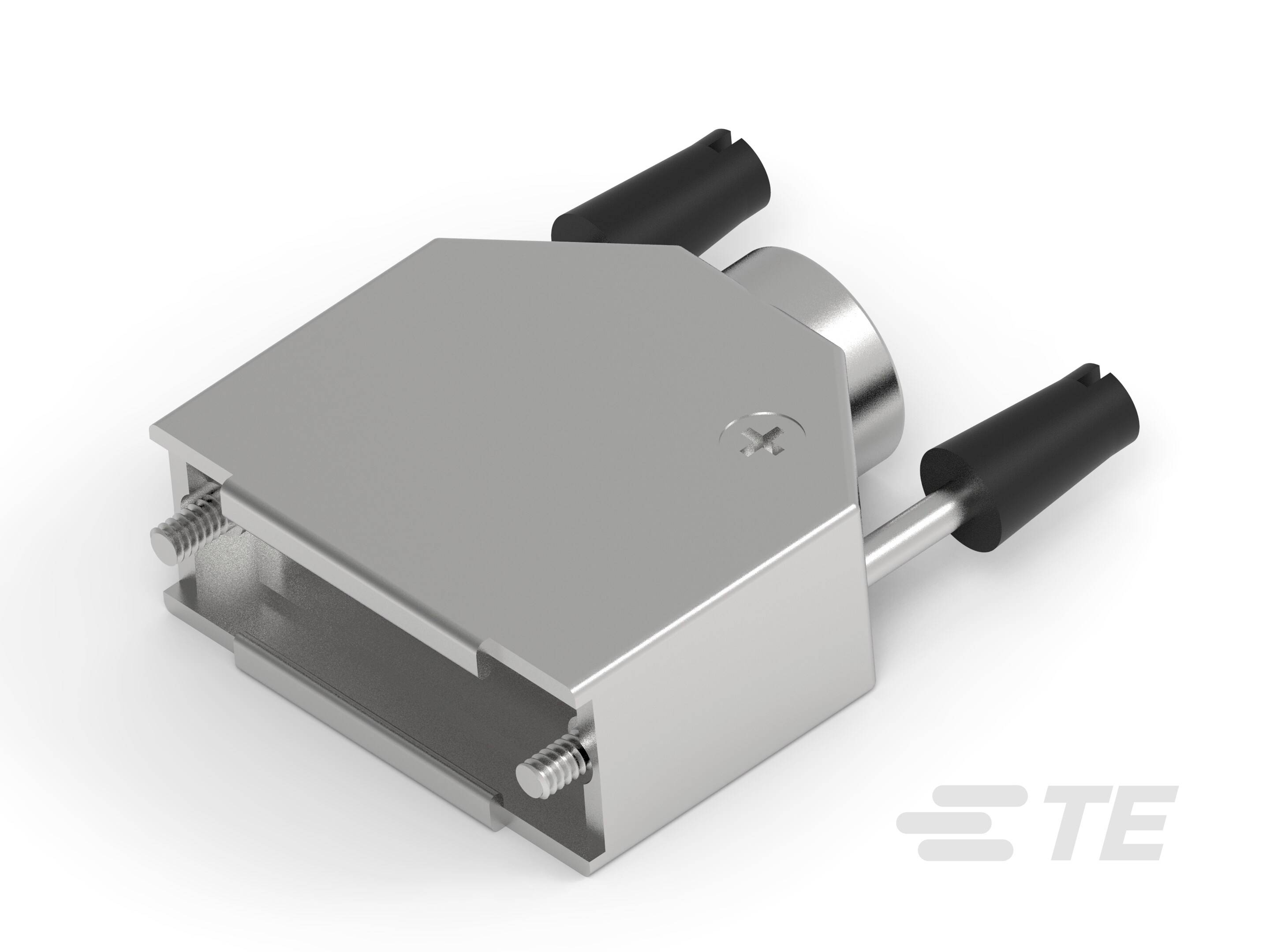 Metallischer Gehäuseteil mit zwei schwarzen Kabeldurchführungen und Schraubanschluss, vermutlich für elektrische Verbindungen.