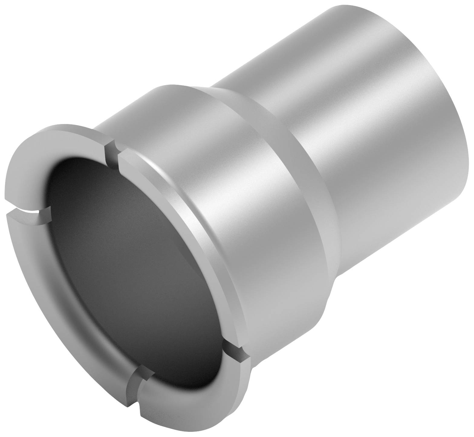 Ein silbernes, zylindrisches Metallteil mit abgeschrägtem Rand und vier Vertiefungen an der Öffnung.