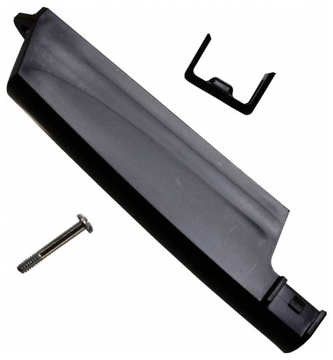 Ein schwarzer Kunststoffdeckel mit einer Metallschraube und einer kleinen Halterung, möglicherweise Komponenten zur Montage oder Installation.