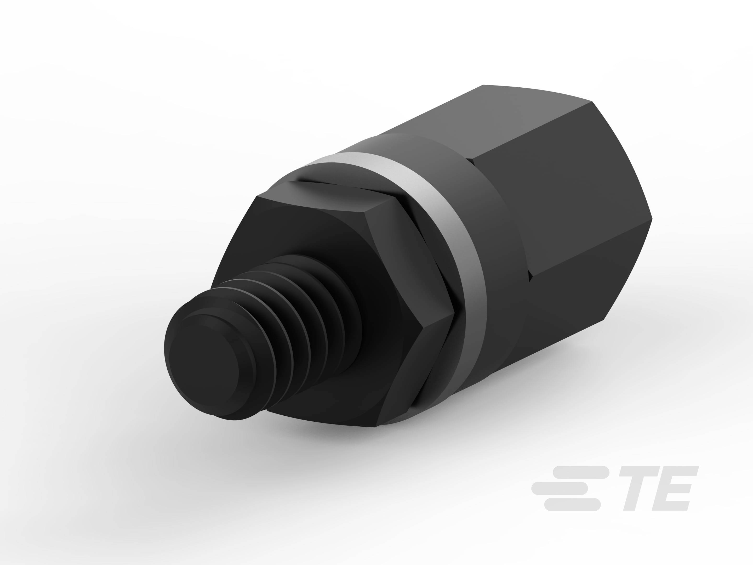 Schraubenkopf, schwarz, mit sechseckigem Griff und Gewinde. Markierung 'TE' an der Seite. Verwendung im Maschinenbau oder in der Elektronik.