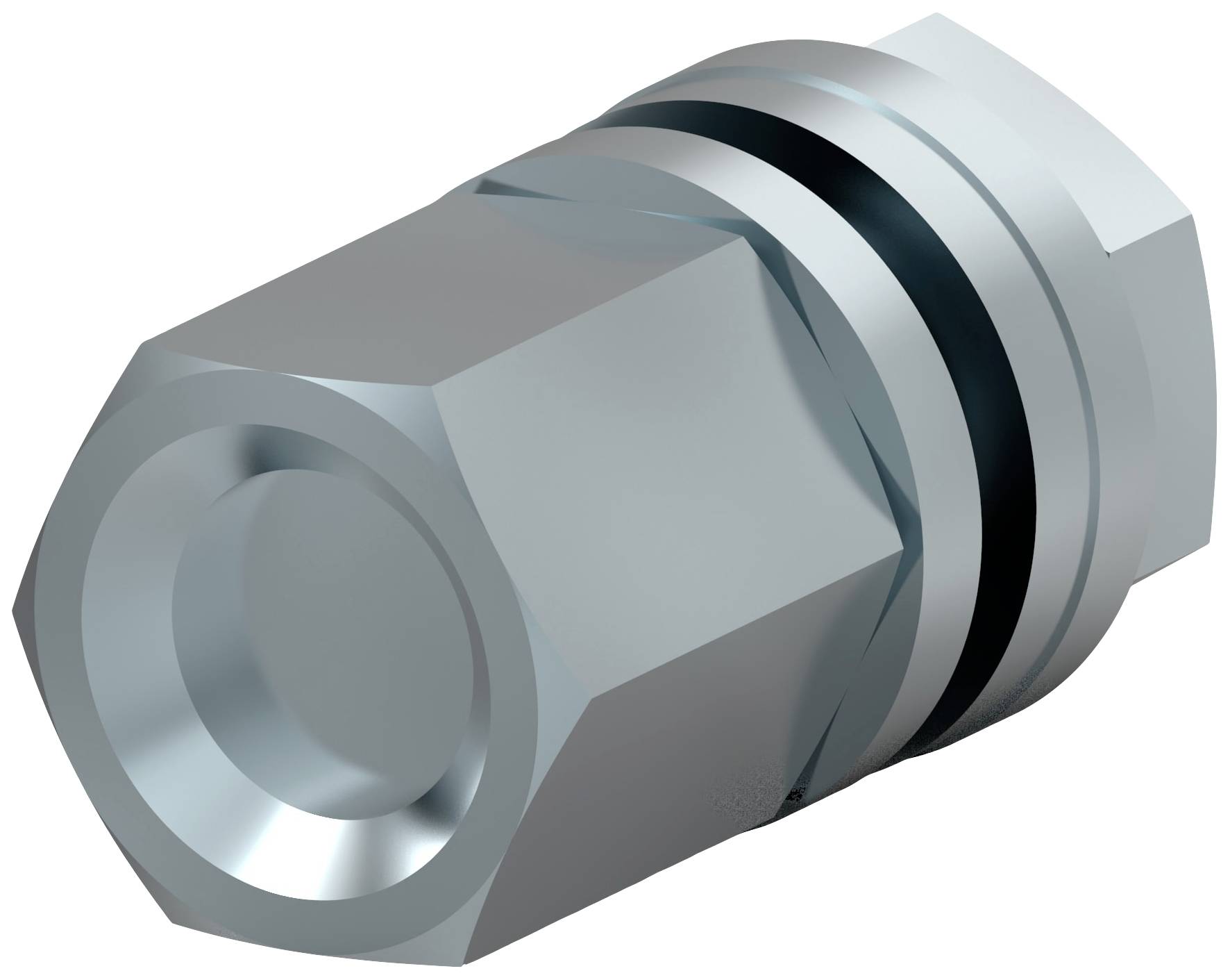 Ein silbernes, sechseckiges Bauteil mit zwei schwarzen Gummidichtungen, verwendet zur Dichtung oder Verbindung in mechanischen Systemen.