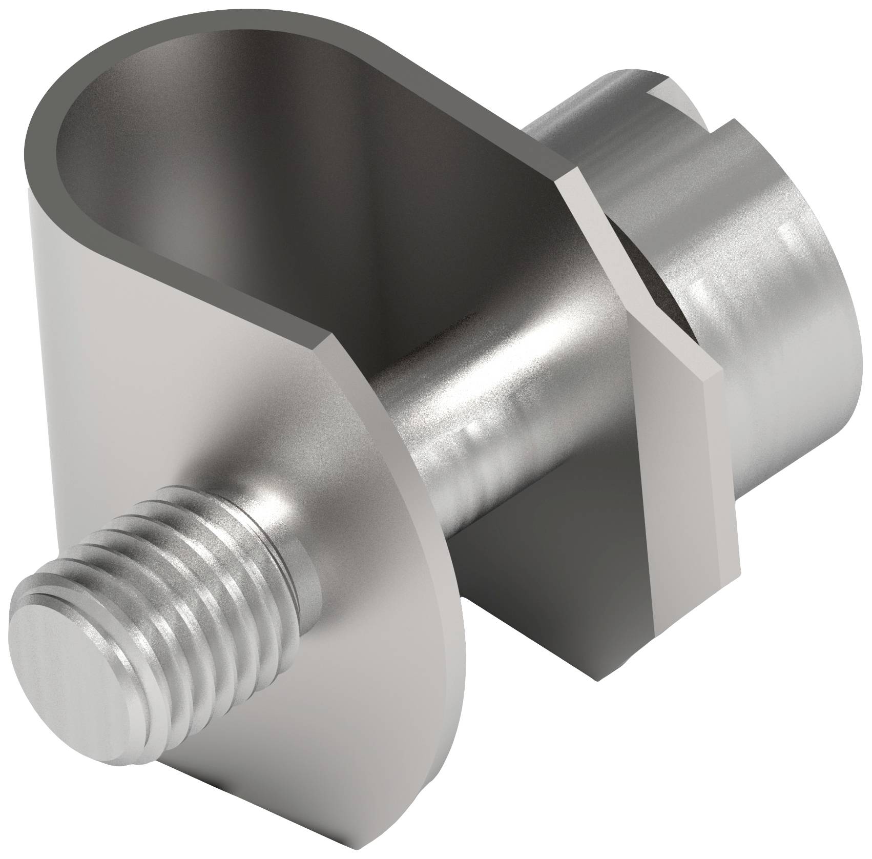 Metallbauteil mit einer geschwungenen Form, bestehend aus einem Bolzen, einem abgewinkelten Rohr und einer Gewindeöffnung.