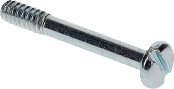 Eine Nahaufnahme einer Metallschraube mit geschlitztem Kopf, die die Gewindedetails und glänzende Oberfläche zeigt.