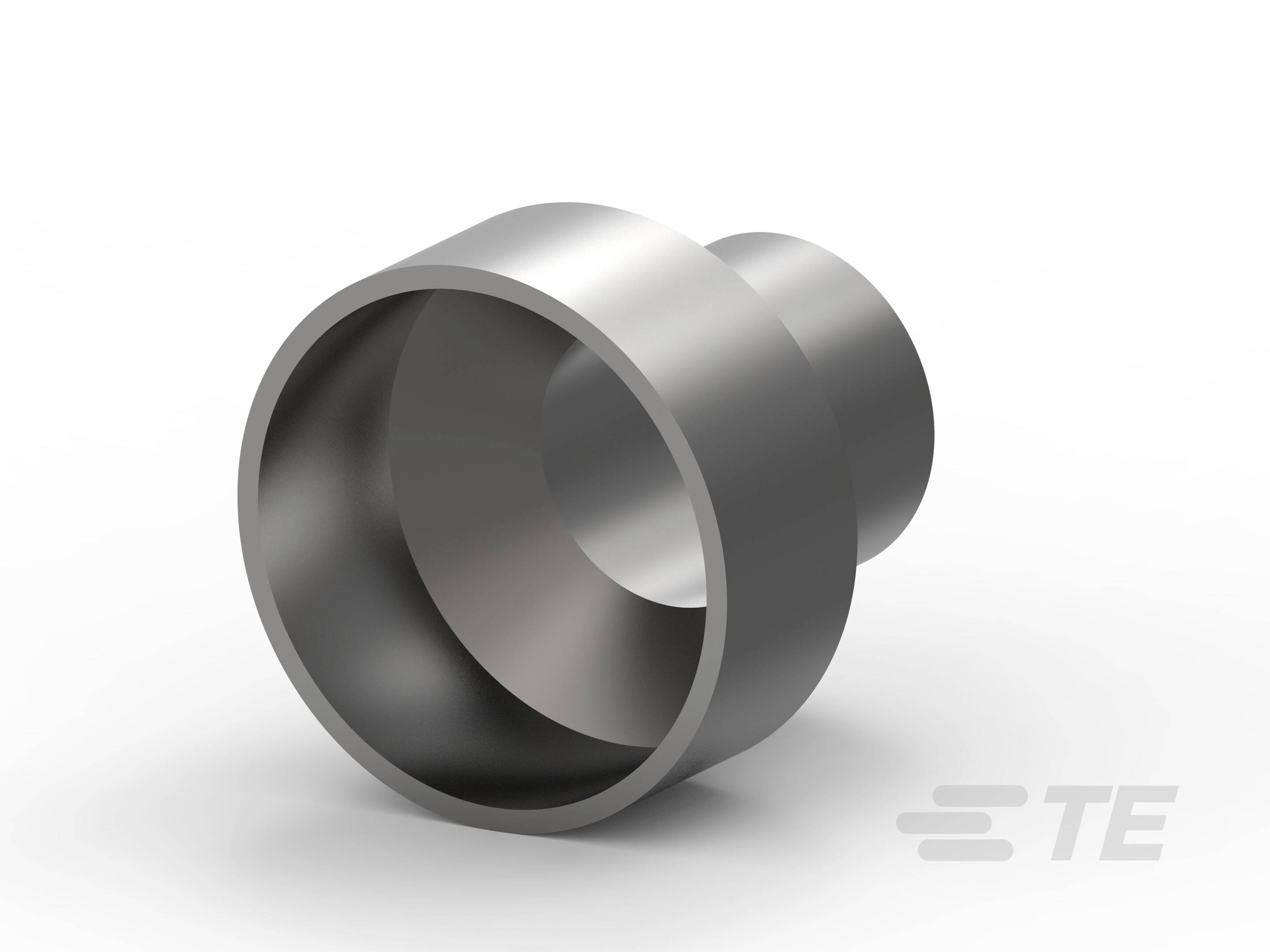 Stahl-Metallteil mit zylindrischer Form, schräg dargestellt, Logo 'TE' in der unteren rechten Ecke des Bildes.