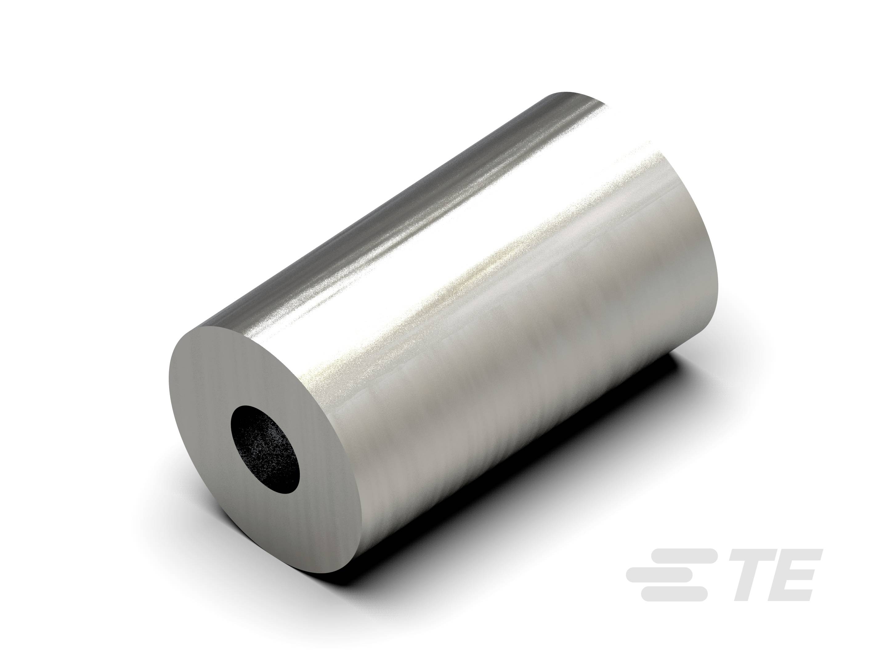 Eine silberne, zylindrische Metallrolle, aufrecht stehend, mit einem zentralen Loch; das Logo 'TE' ist unten rechts sichtbar.