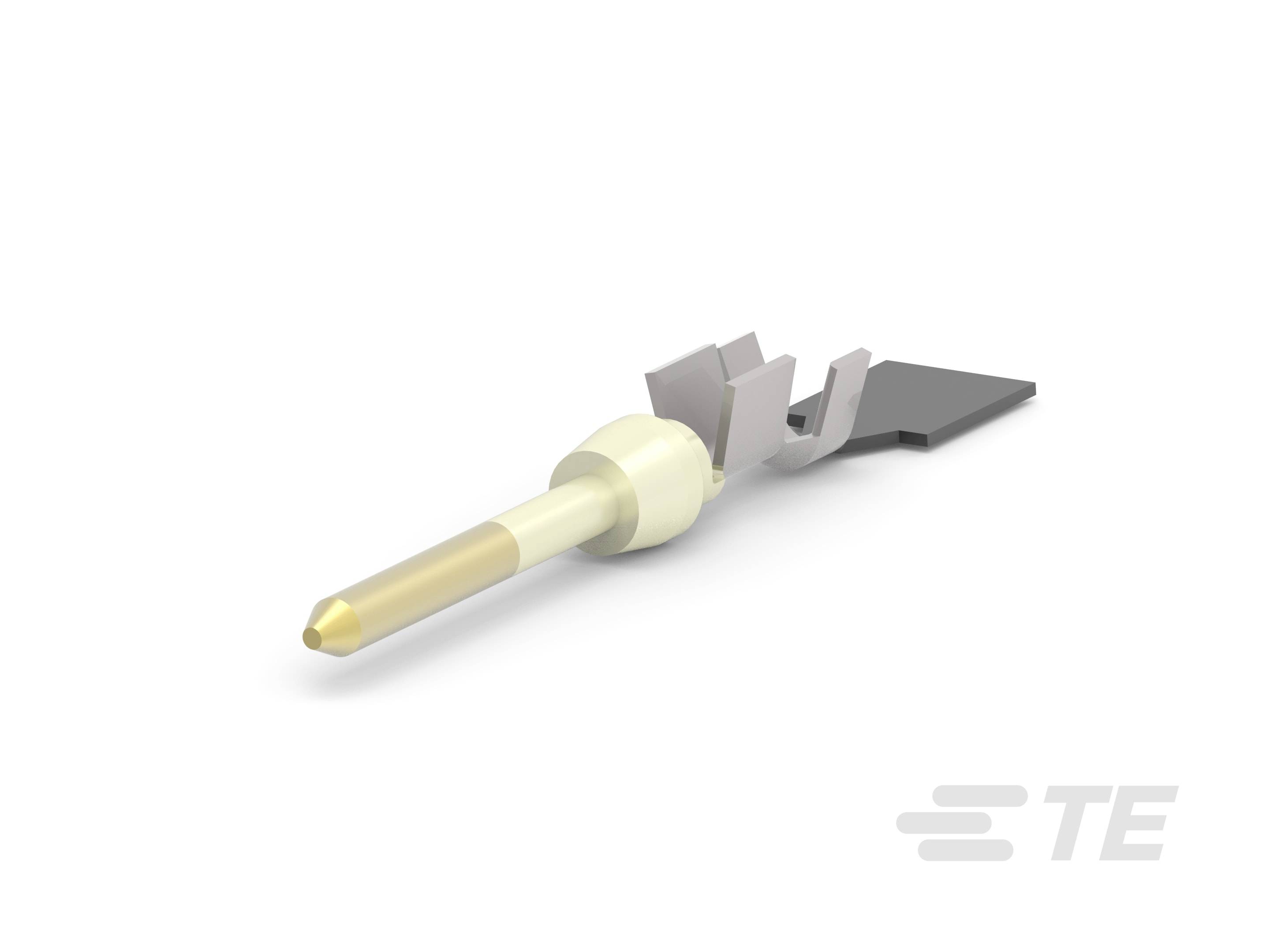 Abbildung eines elektrischen Steckverbinders mit goldfarbenem Stift und silberner Klemme auf hellem Hintergrund, seitliche Ansicht.