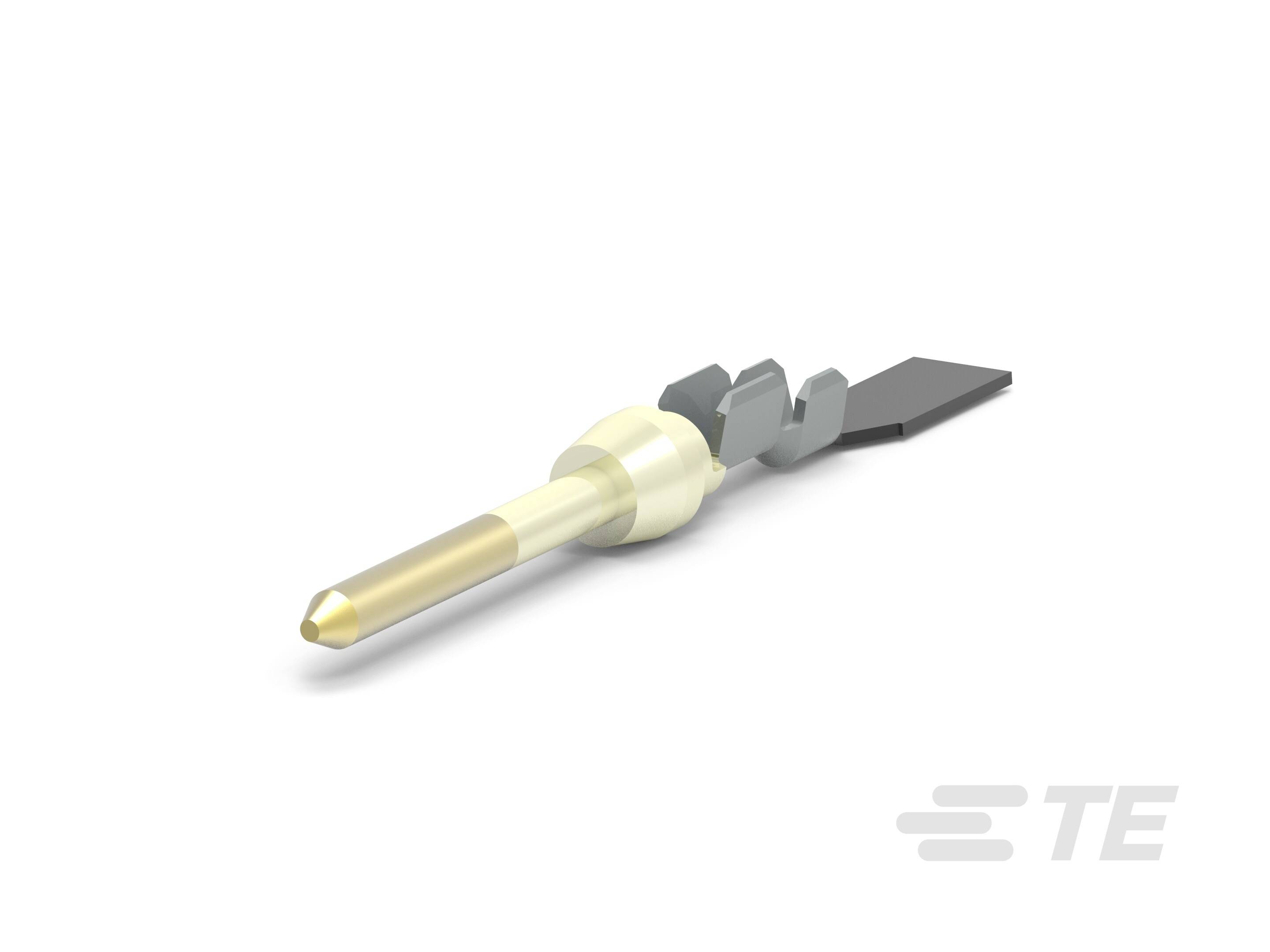 Metallischer Elektronikkonnektor mit spitzer Spitze und rechteckigem Ende. Geeignet zum Einsatz in elektronischen Geräten.