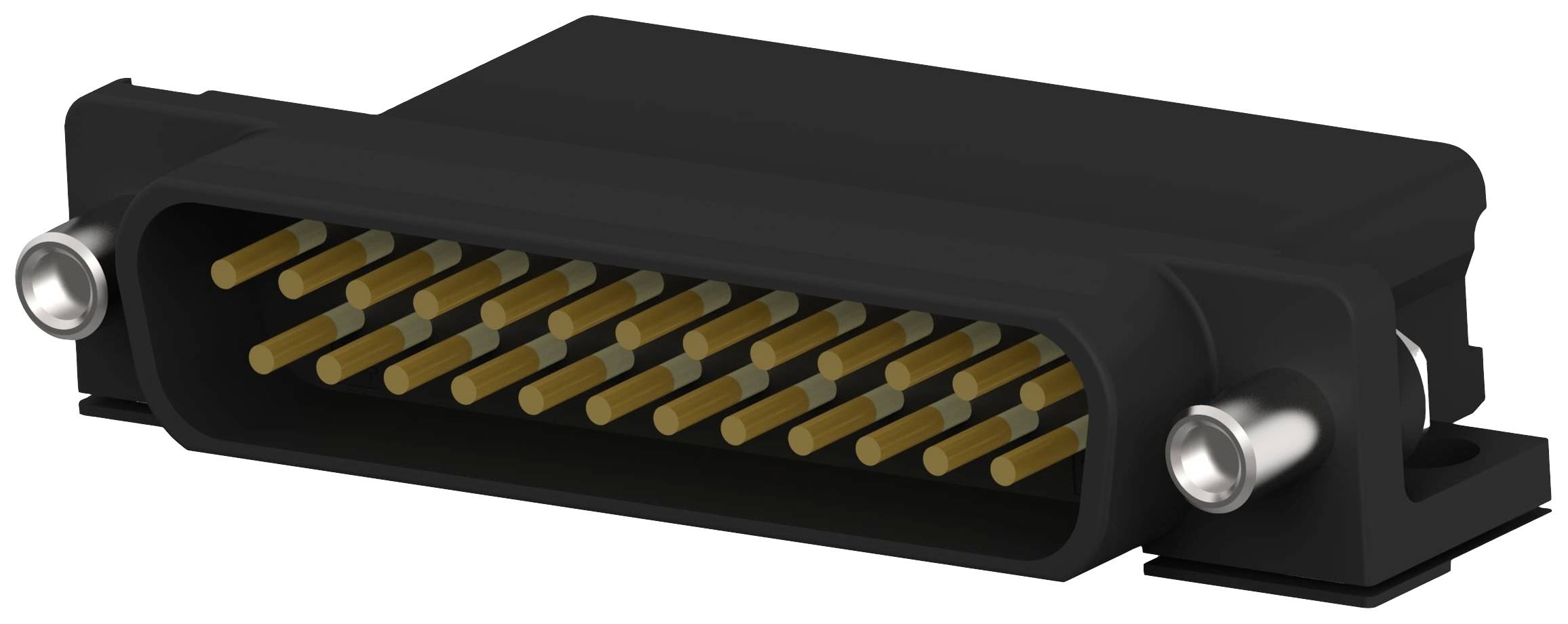 Ein schwarzer, rechteckiger Steckverbinder mit 26 goldenen Pins, der zur Verbindung elektronischer Geräte und Kabel verwendet wird.