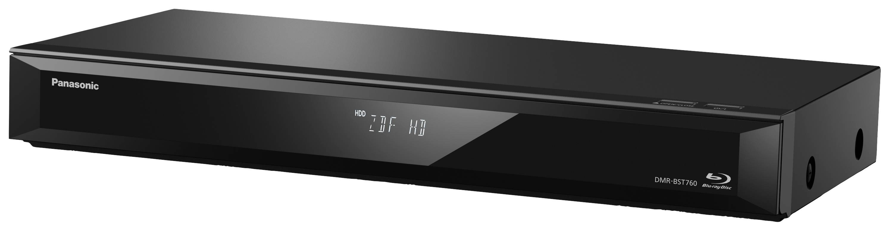 Ein schwarzer Blu-ray-Player mit digitalem Display und Markenlogo auf der Vorderseite, zeigt 