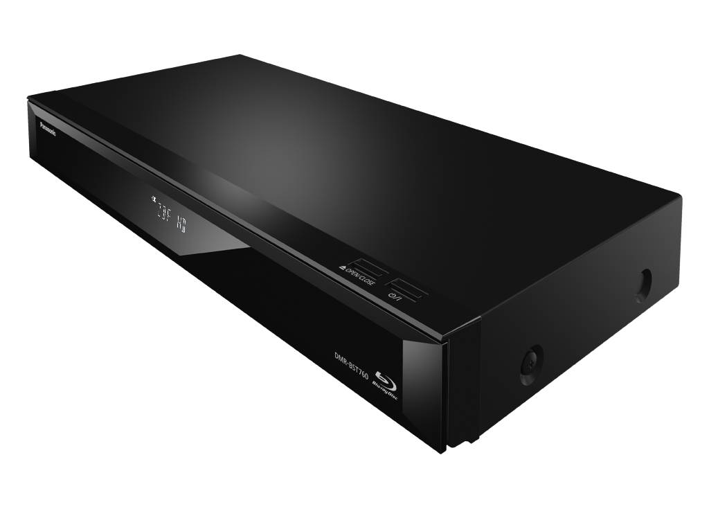Ein schwarzer Blu-ray-Player mit glatter Oberfläche und digitalem Display auf der Vorderseite; kompakt und modern gestaltet.