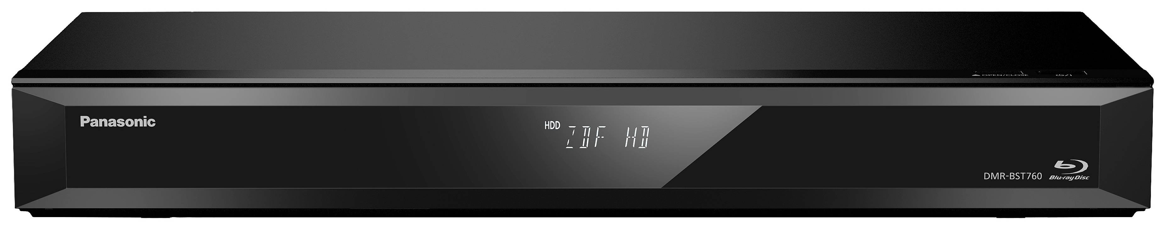 Ein schwarzer Panasonic Blu-ray-Player auf einem weißen Hintergrund zeigt die Anzeige '00:20:08' auf einem Digitaldisplay an.