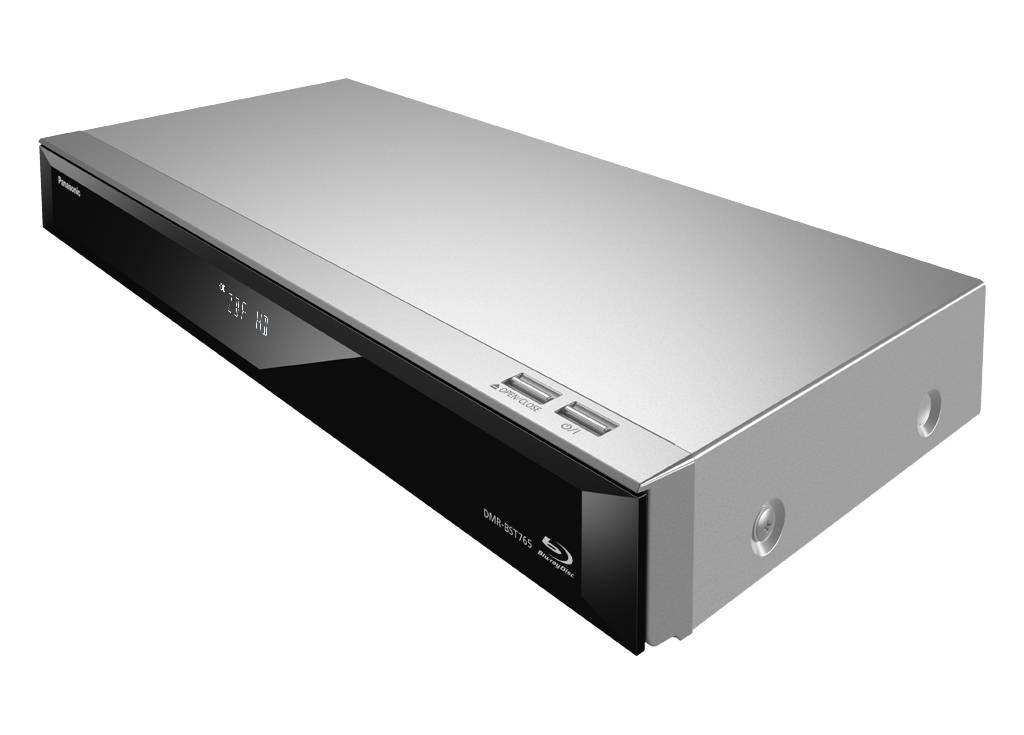 Silberner Blu-ray-Player mit USB-Anschlüssen auf der Vorderseite.