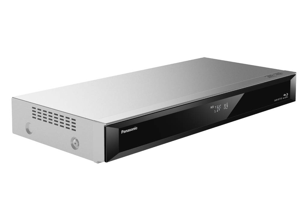 Silberner Blu-ray-Player mit schwarzem Display auf der Vorderseite, Markenname links. Ein-/Aus-Taste und Disc-Fach sichtbar.