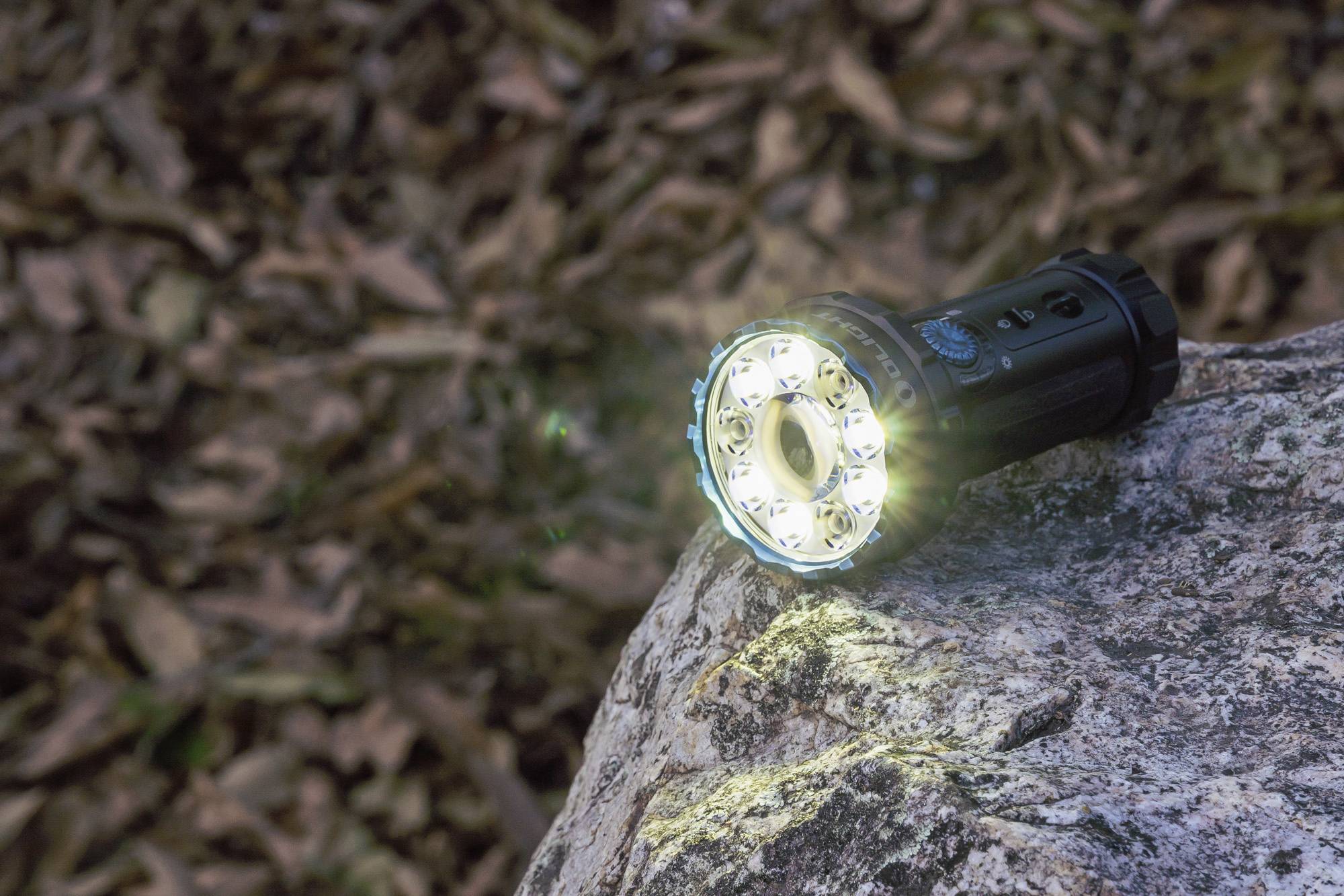 Taschenlampe leuchtet auf Felsen, umgeben von Herbstlaub im Hintergrund.