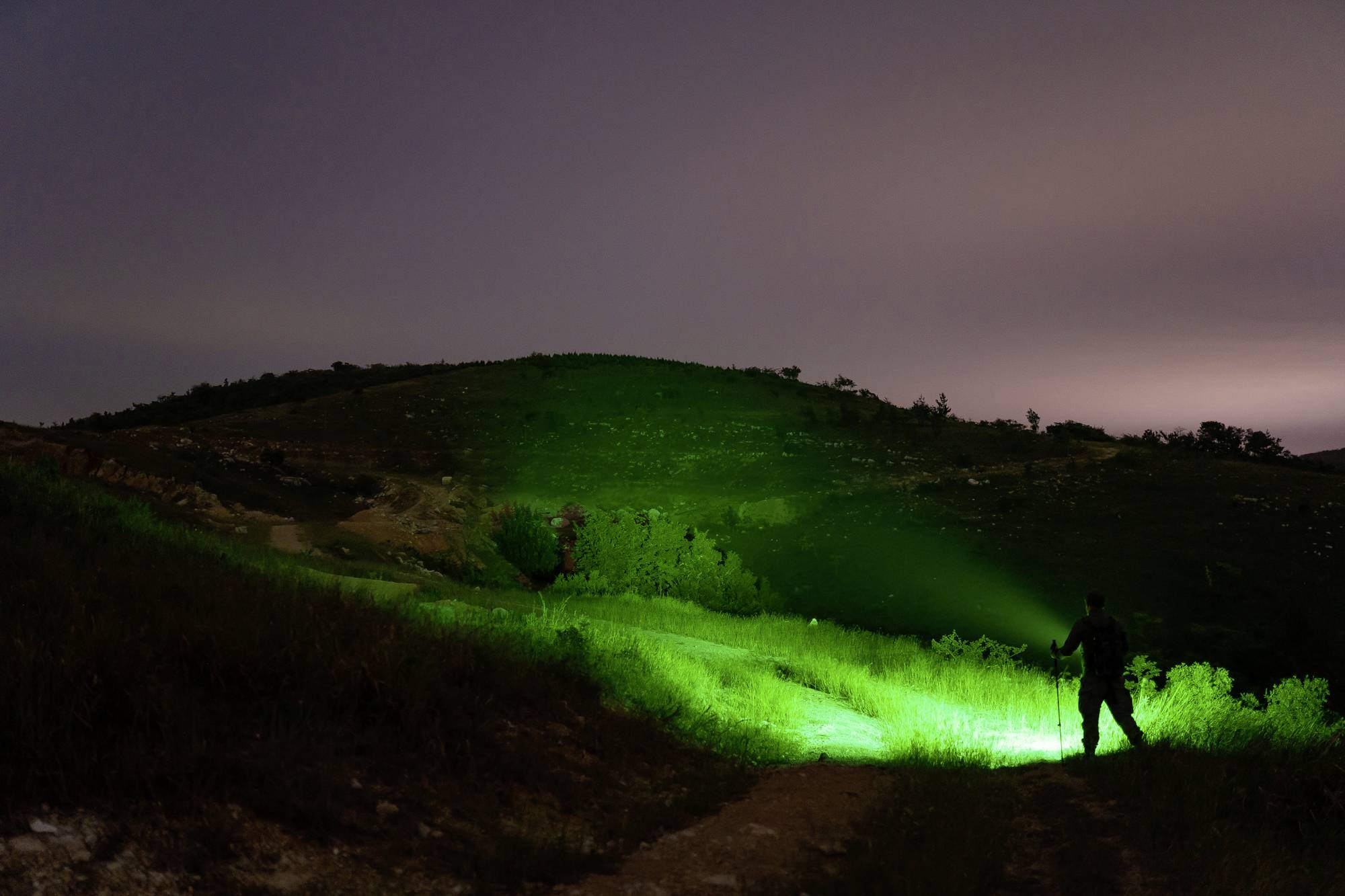 Eine Person beleuchtet nachts einen grünen Hügel mit einer Taschenlampe. Der Himmel ist bewölkt, leichte Violett- und Grautöne.