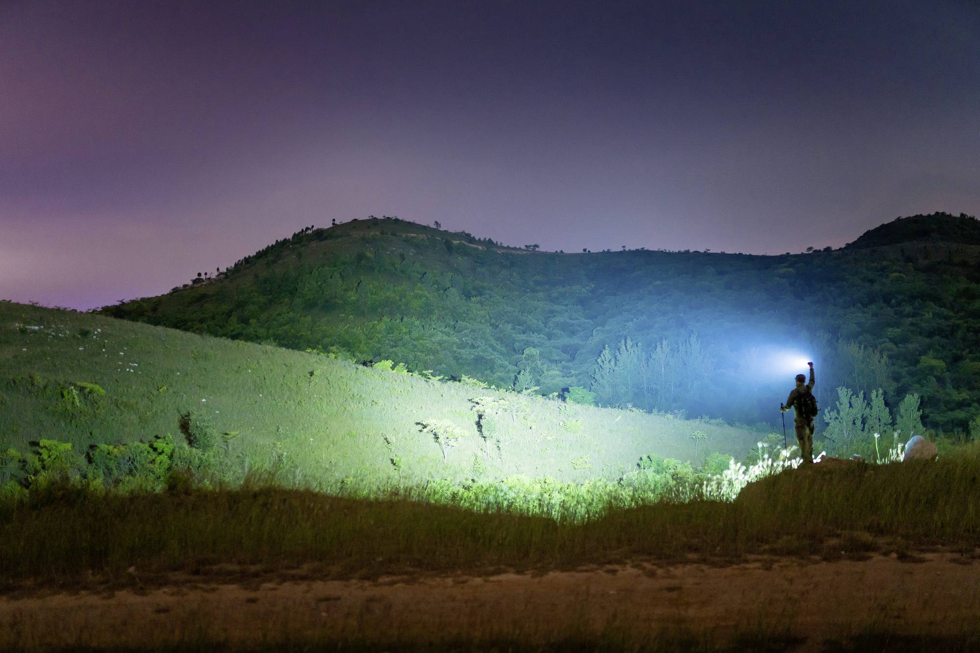 Eine Person beleuchtet nachts mit einer Taschenlampe einen bewachsenen Hügel. Im Hintergrund sind dunkle, bewaldete Hügel erkennbar.