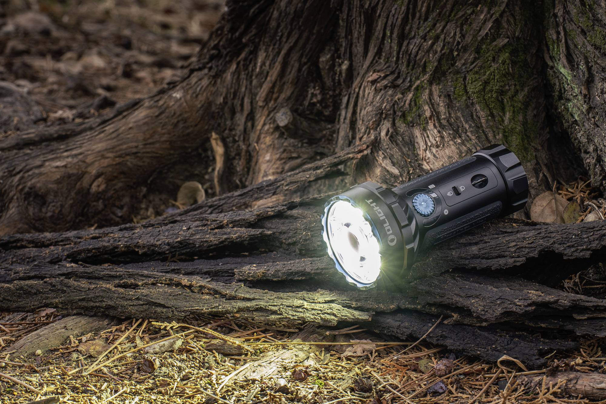 Eine leuchtende Taschenlampe liegt auf einer Baumwurzel im Wald und strahlt nach vorne. Umgebung mit Laub und Holzstücken.