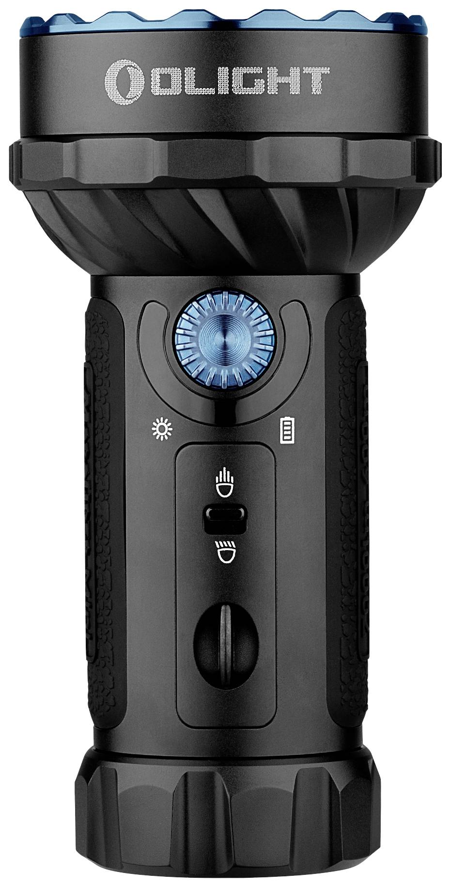 Eine schwarze Taschenlampe mit blauem Rand. Oben ist das Logo 'OLIGHT'. Die Taschenlampe hat einen Helligkeitsregler und Batterieanzeige.