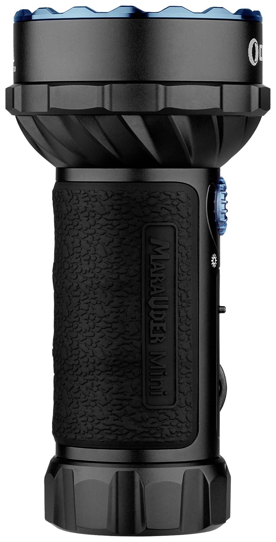 Eine schwarze Taschenlampe mit strukturiertem Griff und blauem Rand am Kopf. Sie trägt die Aufschrift 'Marauder Mini'.