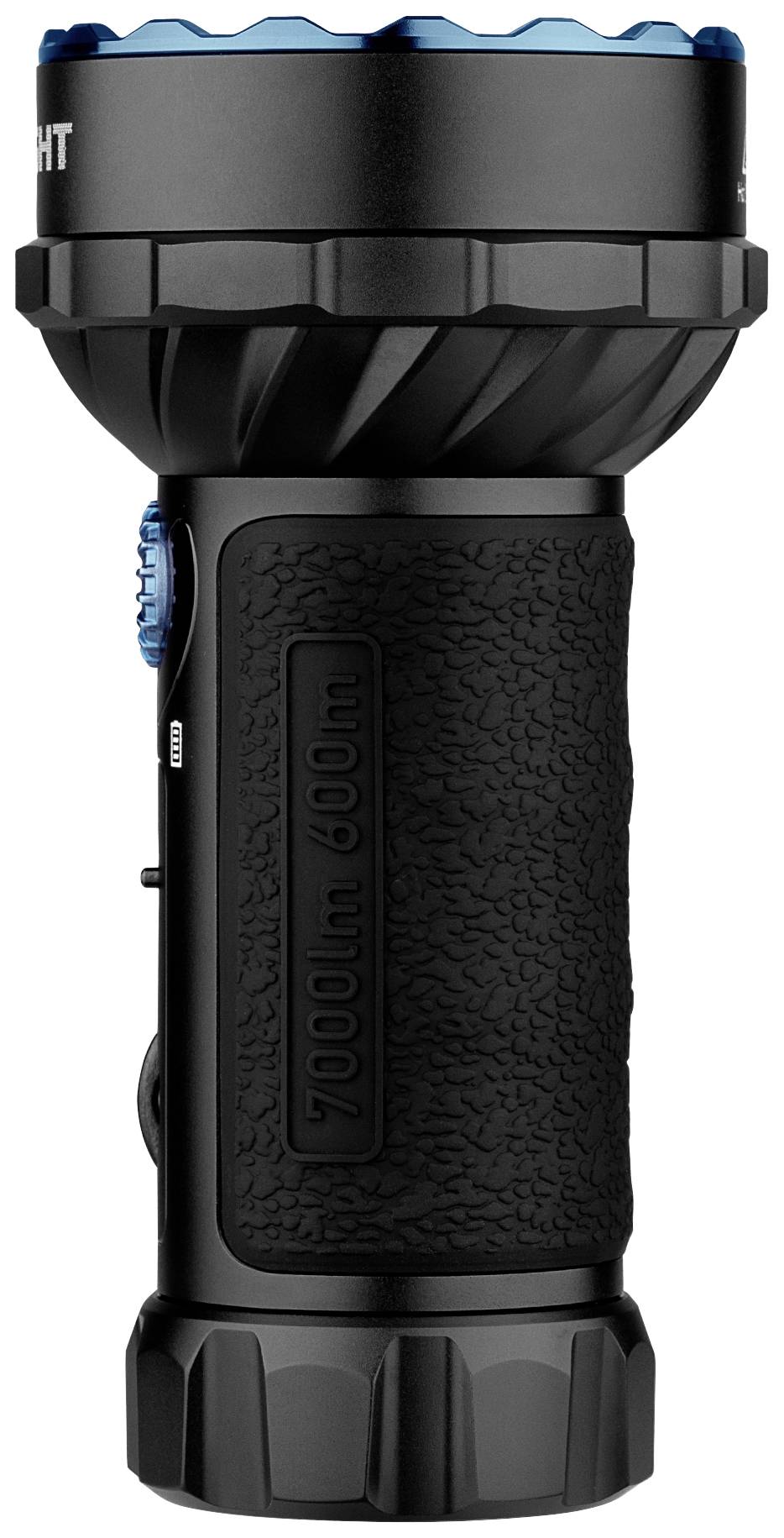 Schwarze Taschenlampe mit blauer Kappe, robustes Design, beschriftet mit '7000lm 600m', geeignet für Fernsicht bei Nacht.