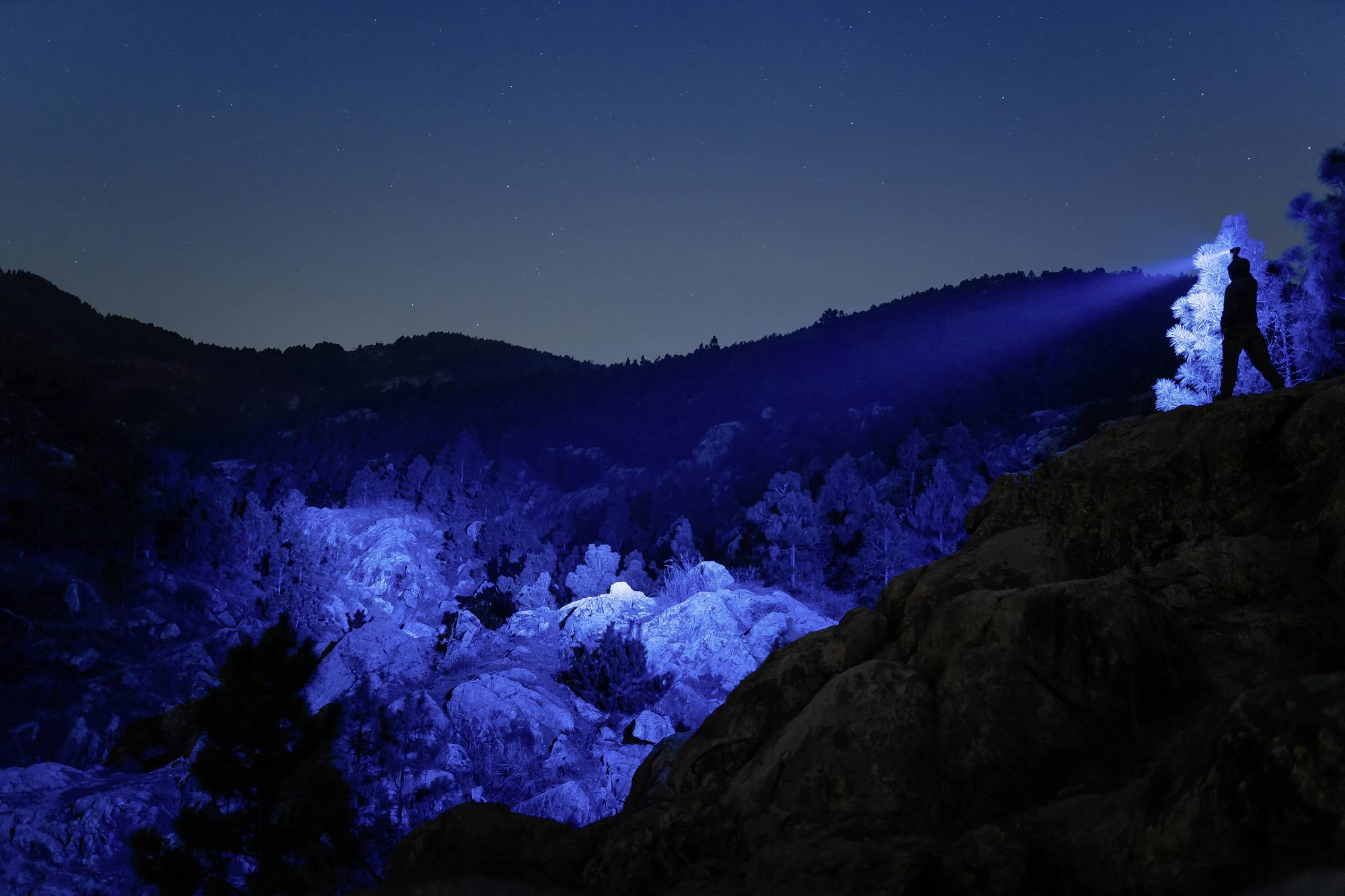 Eine Person steht nachts auf einem Felsen und leuchtet mit einer Taschenlampe in die Landschaft, die in blaues Licht getaucht ist.