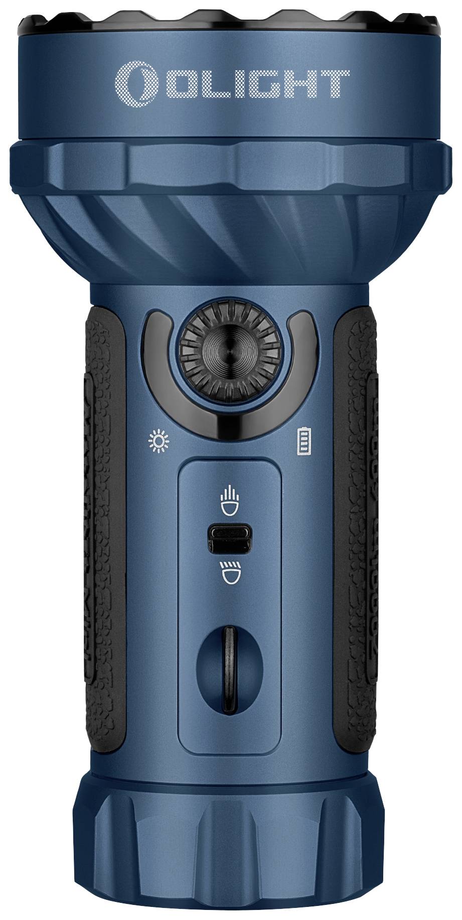 Taschenlampe mit blauem Gehäuse und mehreren Bedienelementen an der Seite; Olight-Logo oben aufgedruckt.