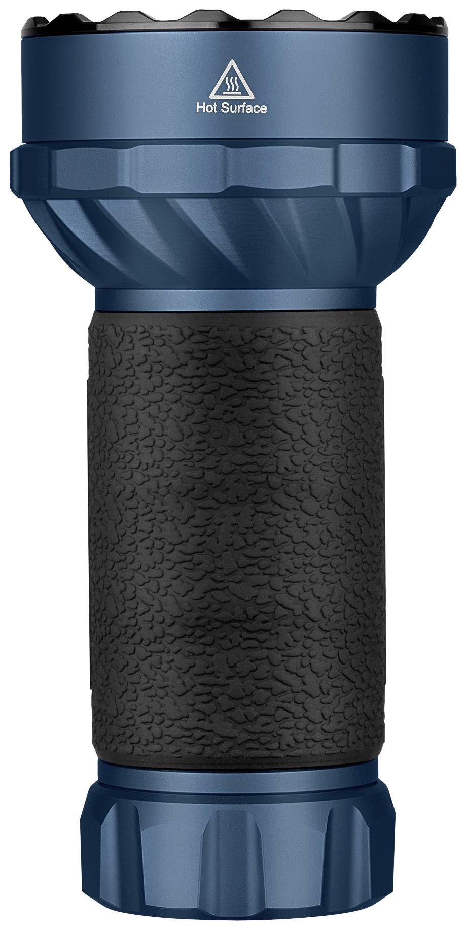 Blaue Taschenlampe mit strukturiertem Griff. Oberseite weist auf 'heiße Oberfläche' hin.
