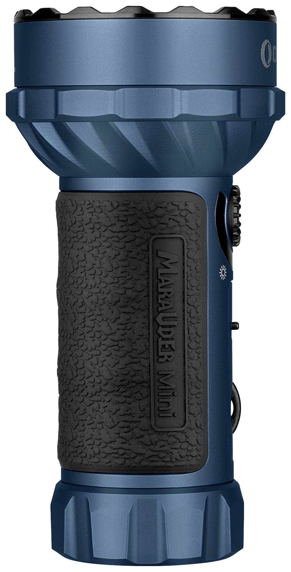 'Blau-schwarze Taschenlampe mit geriffeltem Griff, seitlichem Schalter und der Aufschrift "Marauder Mini". Robustes Design.'