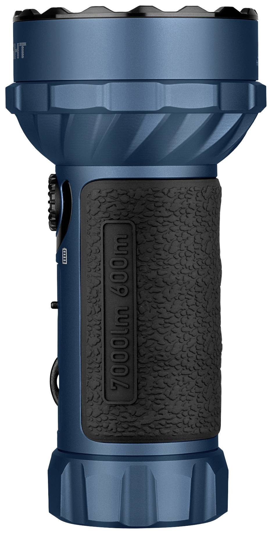 Blaue Taschenlampe mit strukturiertem Griff, seitlicher Knopf und Aufschrift '7000lm 600m'.