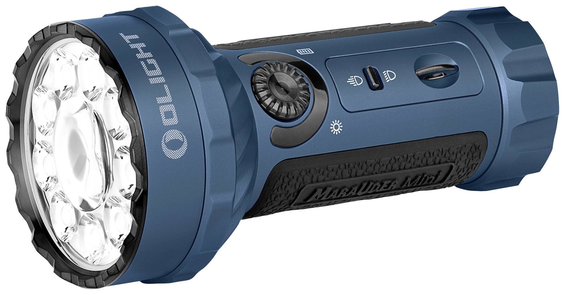 Blaue Taschenlampe mit mehreren LED-Leuchten, seitlichem Schalter und strukturiertem Griff. Markenname 'Olight' aufgedruckt.