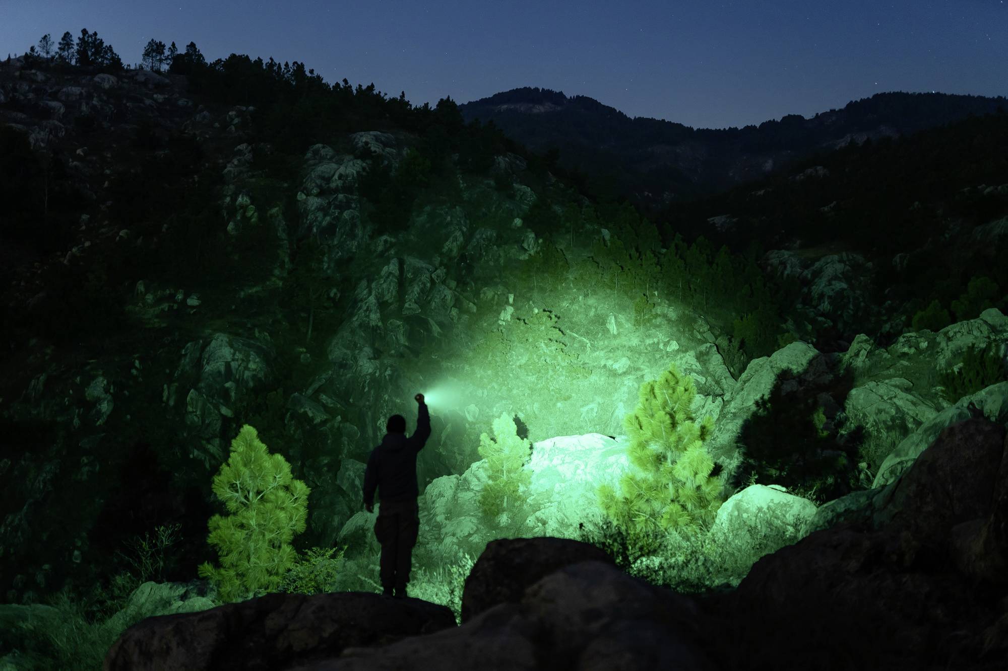 Eine Person leuchtet mit einer grünen Taschenlampe in einer dunklen Berglandschaft. Dichte Vegetation und felsige Hügel im Hintergrund.