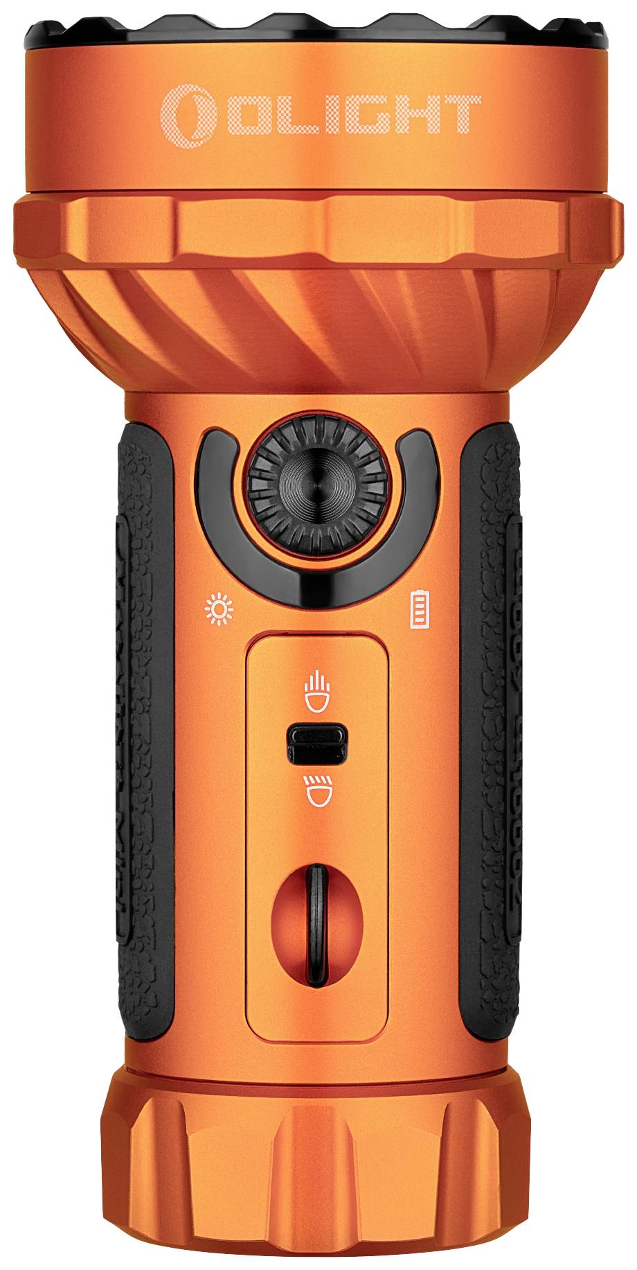 Eine orangefarbene Taschenlampe mit geriffeltem Griff, einem Helligkeitsknopf oben und einem Schiebeschalter in der Mitte.