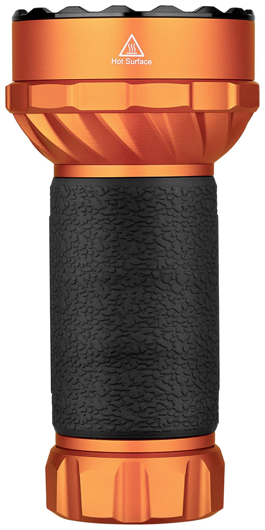 Orangefarbene Taschenlampe mit geriffelter, schwarzer Griffoberfläche und Warnsymbol 'Heiße Oberfläche' auf dem Kopfteil.