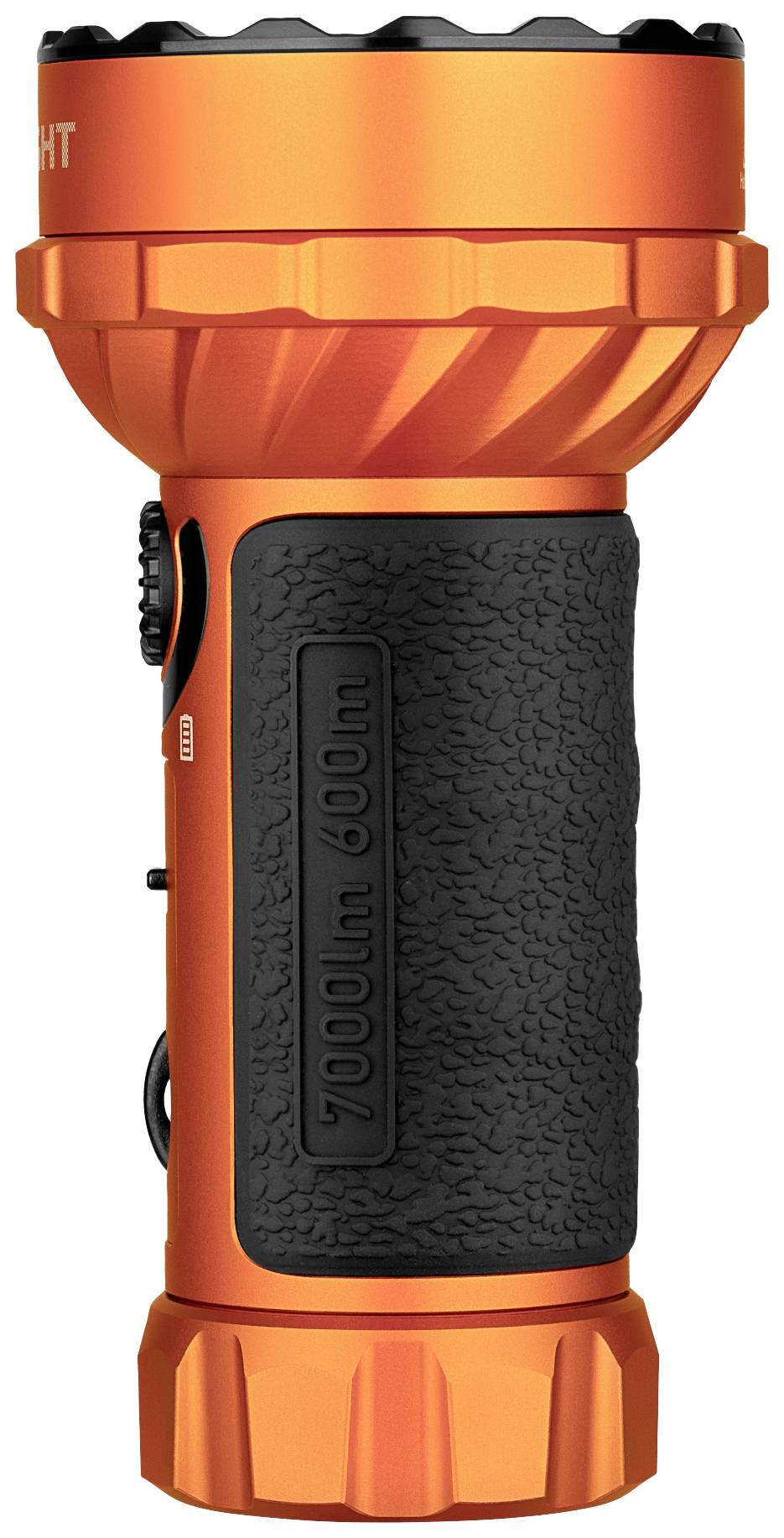 Eine orangefarbene Taschenlampe mit schwarz gummiertem Griff. Auf dem Griff steht '7000lm 600m'.