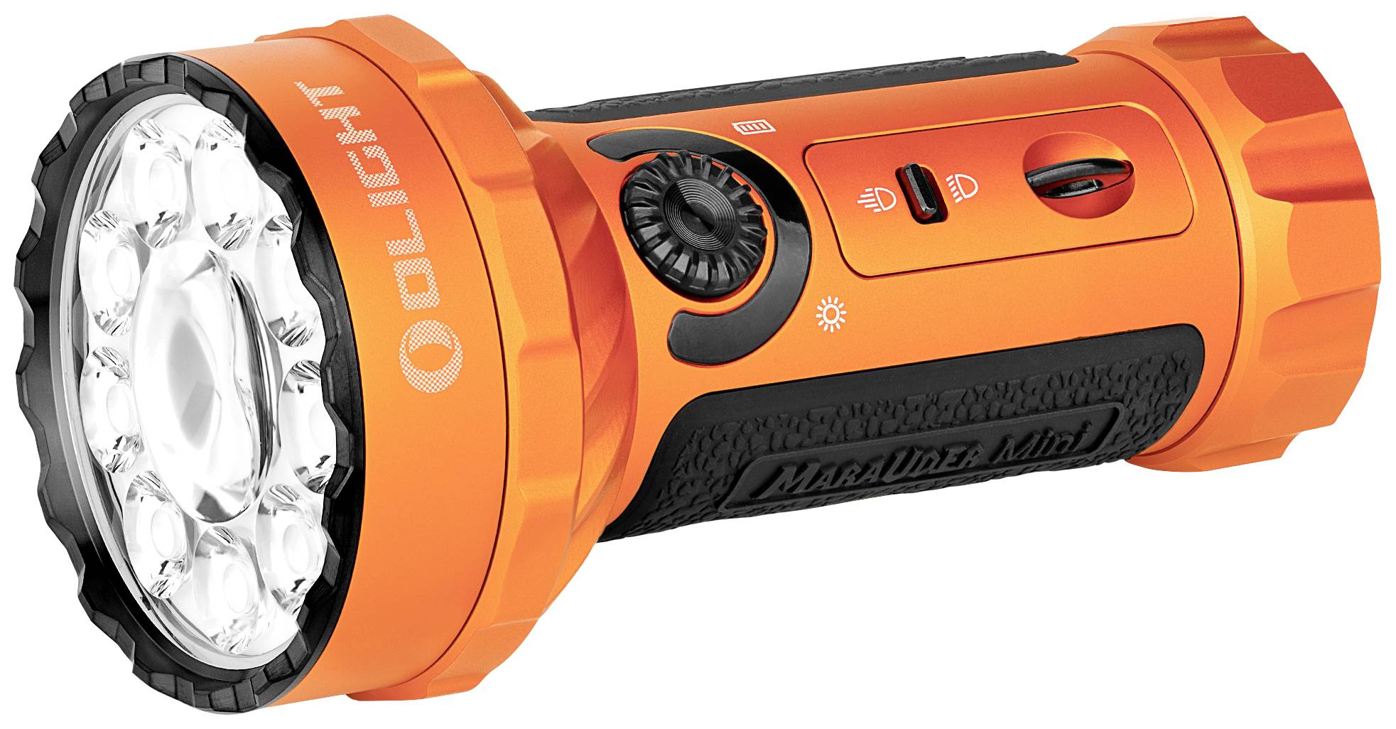 Eine orangefarbene LED-Taschenlampe mit mehreren Leuchten. Schalter und Knopf zur Einstellung der Helligkeit sind sichtbar.