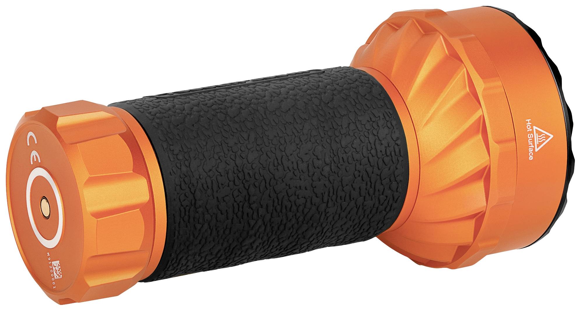 Eine orangefarbene und schwarze Taschenlampe mit strukturiertem Griff, abgeschrägten Kanten und CE-Kennzeichnung auf der Unterseite.