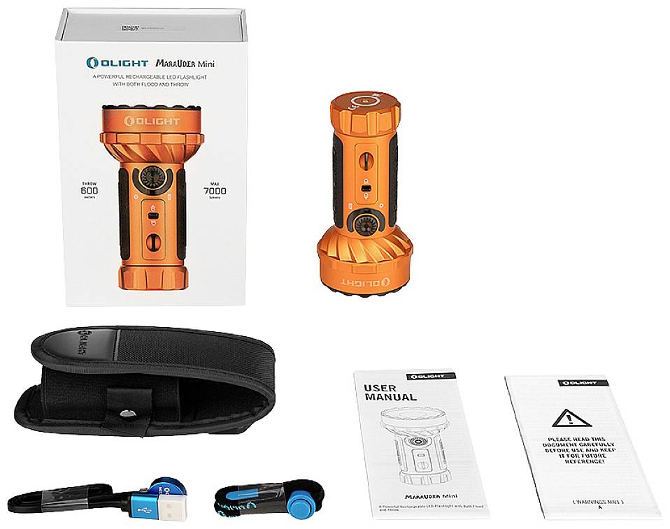Taschenlampe in Orange mit Verpackung, Ladegerät, Bedienungsanleitung und Tragetasche. Lumen: 7000, Reichweite: 860 Meter.