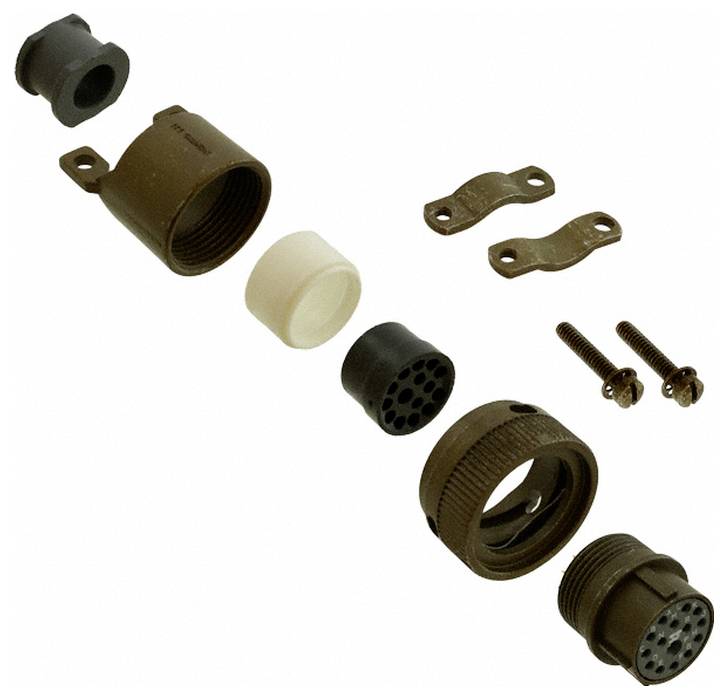 Verbindungssatz mit mehreren Teilen: ein braunes zylindrisches Gehäuse, schwarze Rundschnittstelle, Schrauben, Halterungen und Dichtungsringe.