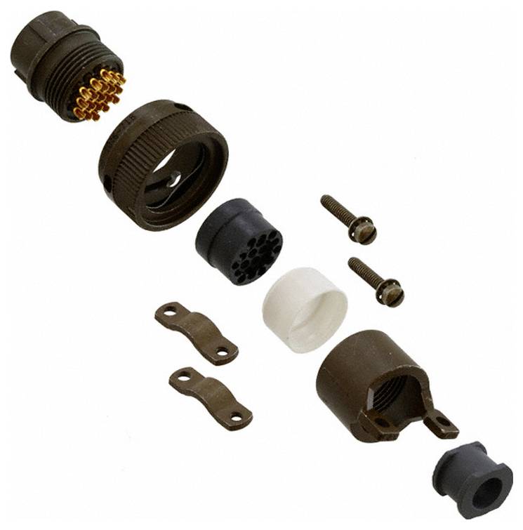 Ein vergoldeter 9-poliger D-Sub-Stecker für Stecker mit einer grünen inneren Komponente, die Stifte in zwei Reihen zeigt, montiert auf einer metallischen Halterung.