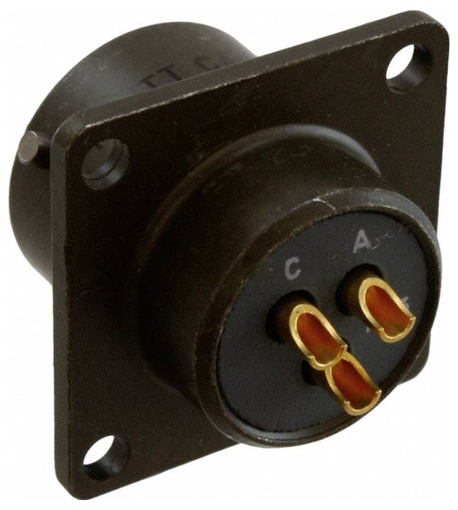 Ein Rundstecker mit Flansch und drei vergoldeten Stiften mit den Bezeichnungen A, B und C, typischerweise verwendet für Audio- oder Elektrogeräteverbindungen.