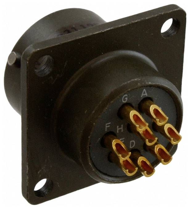 Ein kreisförmiger Elektrostecker mit fünf goldfarbenen Stiften mit den Bezeichnungen A, B, C, D und E, montiert auf einem quadratischen Flansch.