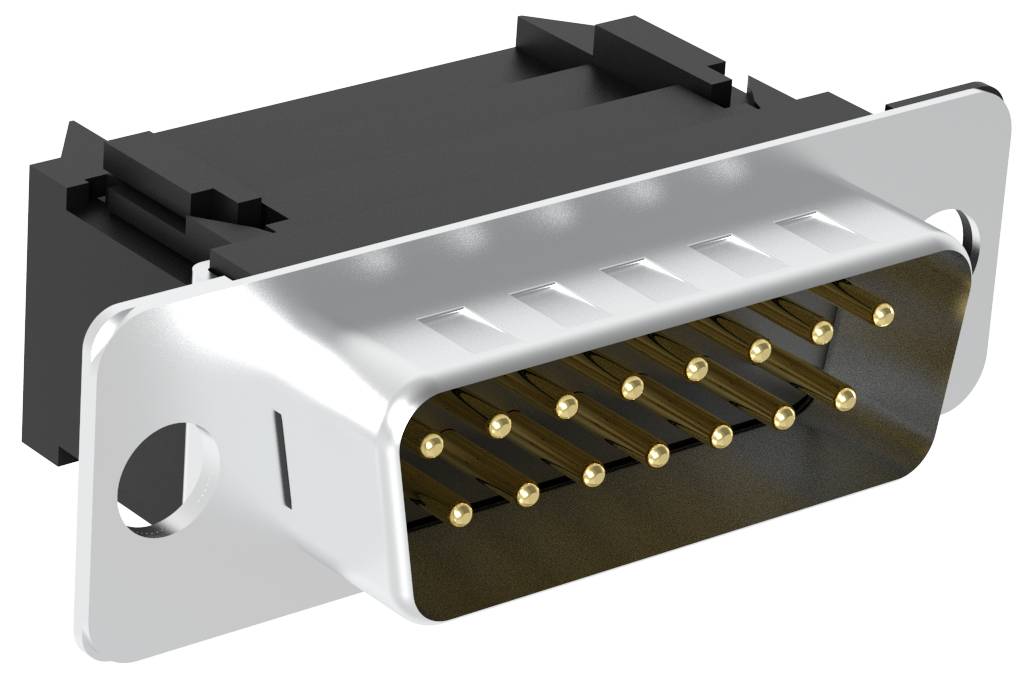 Ein silber- und schwarzer D-Sub-Stecker mit 15 vergoldeten Stiften, der typischerweise zum Verbinden elektronischer Geräte verwendet wird.