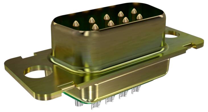 Ein Metallneunpolanschluss mit rechteckiger Basis und zylindrischer Befestigung auf jeder Seite, verwendet für elektrische Verbindungen.
