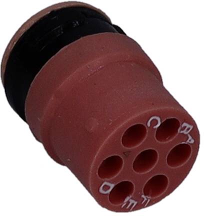 Ein kleiner, runder, roter elektrischer Stecker mit sieben Löchern, die mit B bis G gekennzeichnet sind.