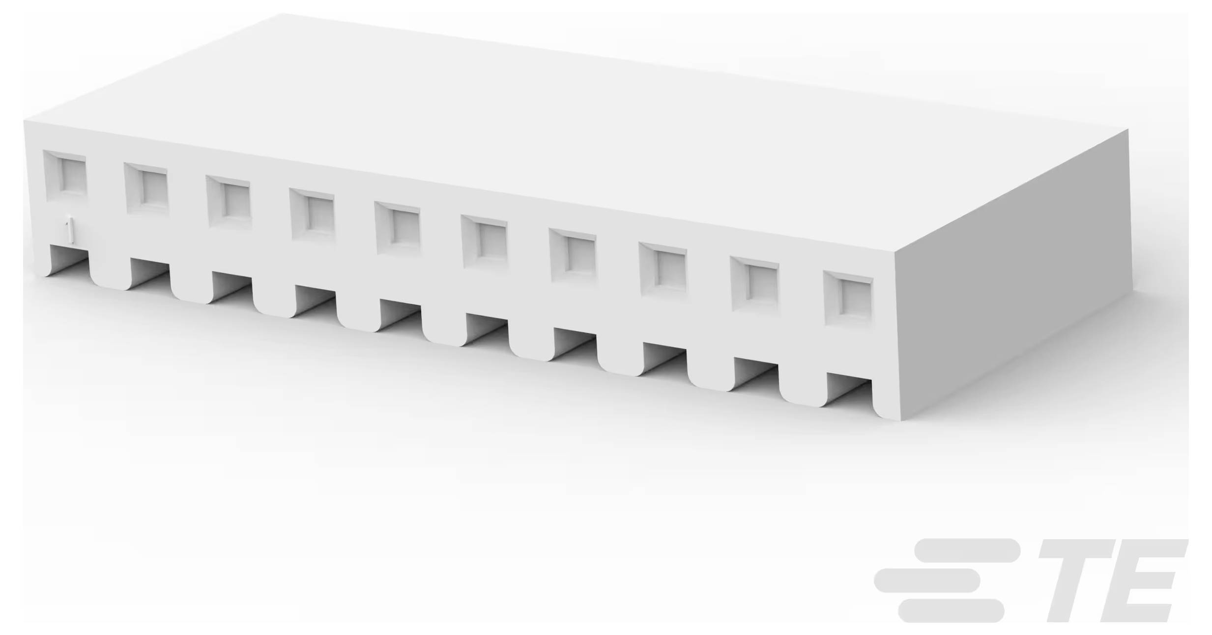 Eine 3D-Darstellung eines weißen rechteckigen Elektrosteckers mit mehreren Schlitzen und Nuten, gekennzeichnet mit „TE