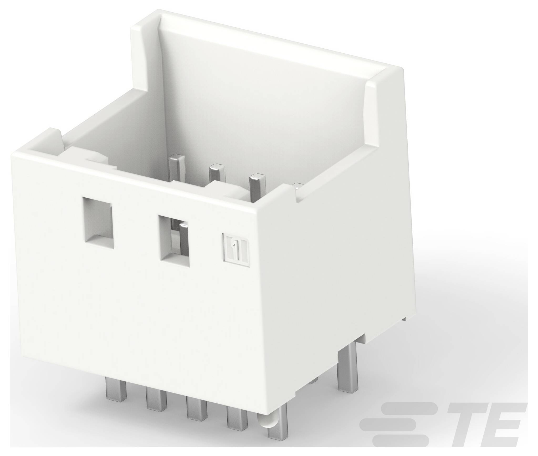 Ein weißer elektronischer Stecker mit mehreren Metallstiften, die sich von unten erstrecken. Die Seiten haben zwei rechteckige Schlitze und ein 