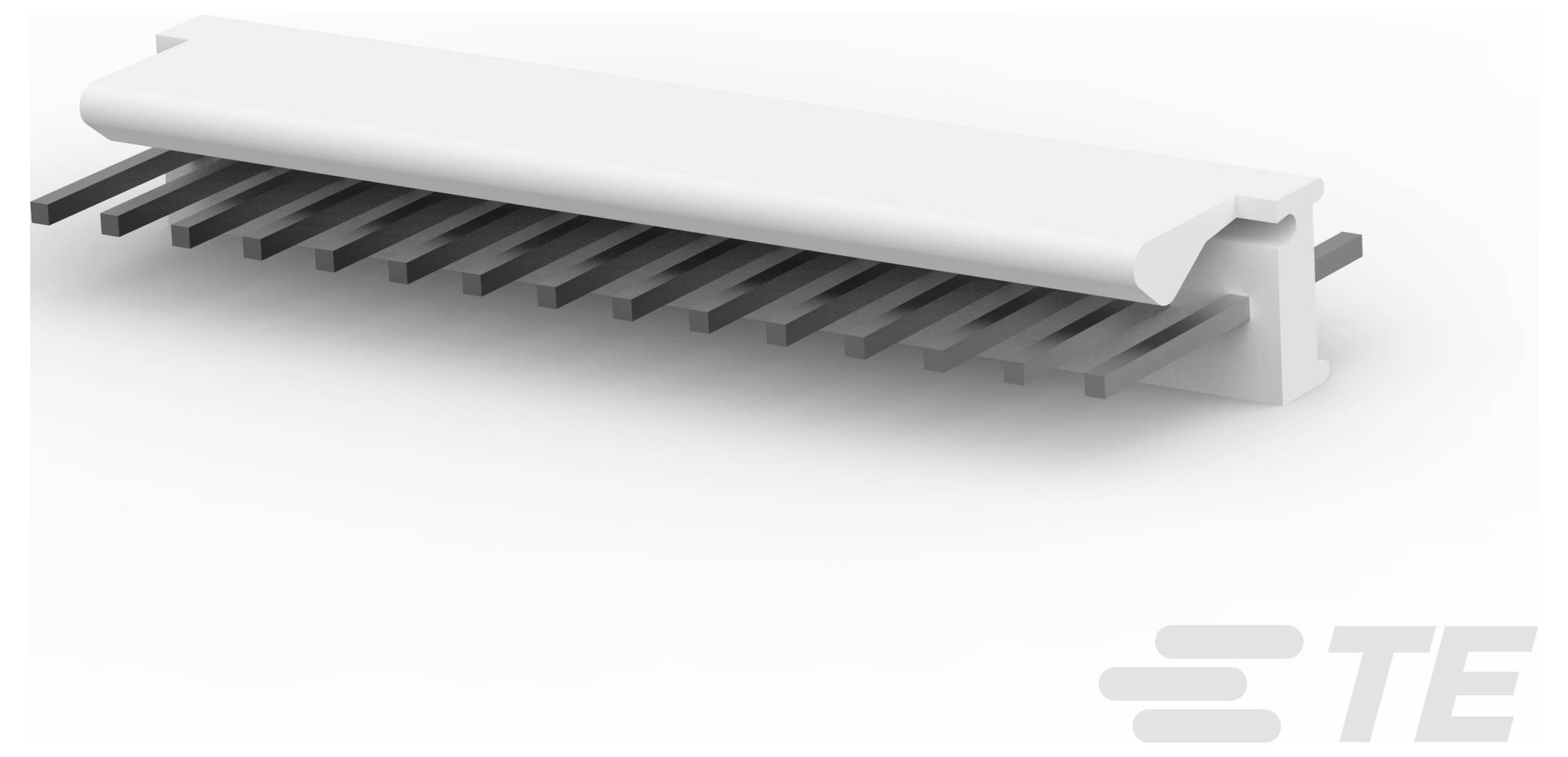 3D-Illustration eines horizontalen Elektrosteckers mit mehreren parallelen Metallkontakten, gekennzeichnet als TE Electronics.