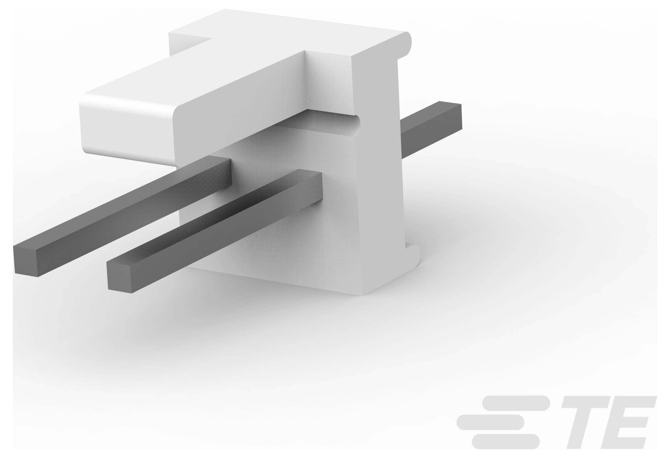 3D-Modelldarstellung eines weißen, T-förmigen, mehrpoligen elektrischen Steckers mit drei vorstehenden schwarzen Metallstiften, Logo in der Ecke.